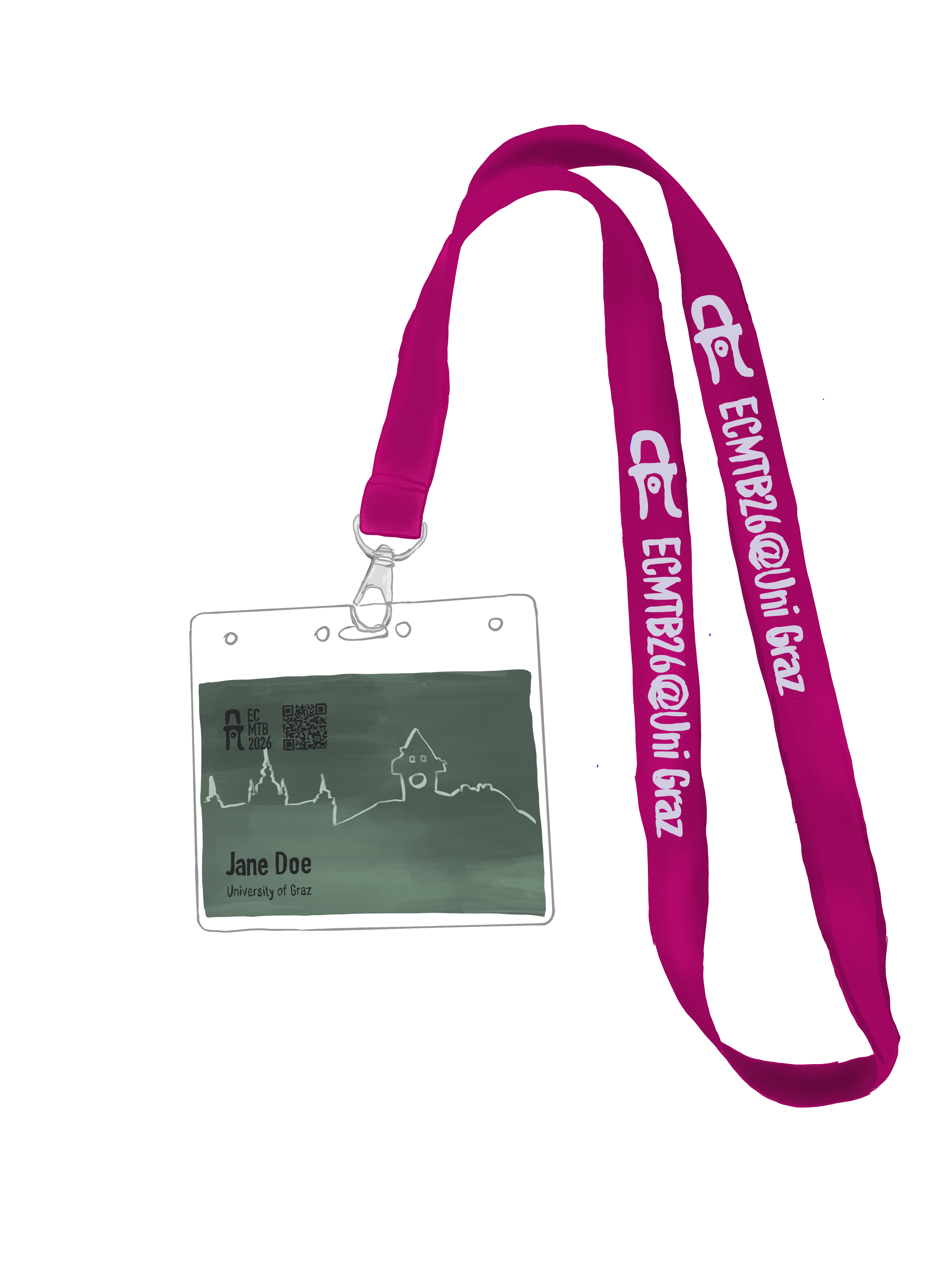 A digital drawing of a green nametag hanging on a a pink lanyard that has 'ECMTB2026' written on it